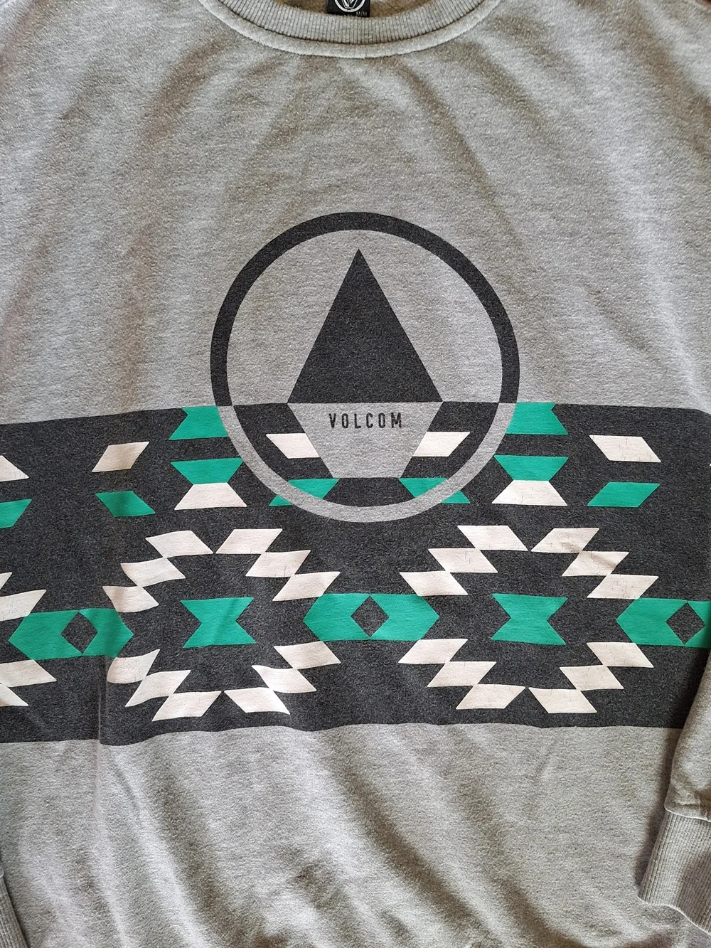 Volcom Grey Crewneck Sweater with Teal & Black Aztec Stripe